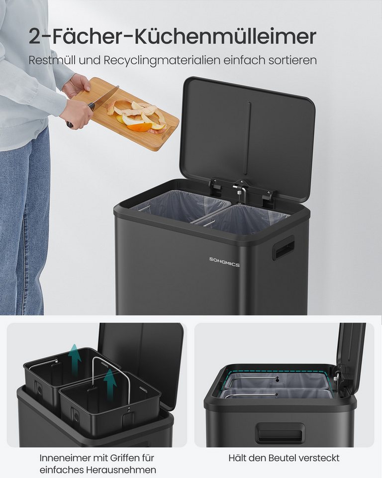 SONGMICS Mülleimer Abfalleimer, Inneneimer, Stahl, Softclose-Deckel, 30L, Küche, Mülltrennsystem 2 x 15 L, 2 Fächer für Recycling und Restmüll – Bild 4 von 5