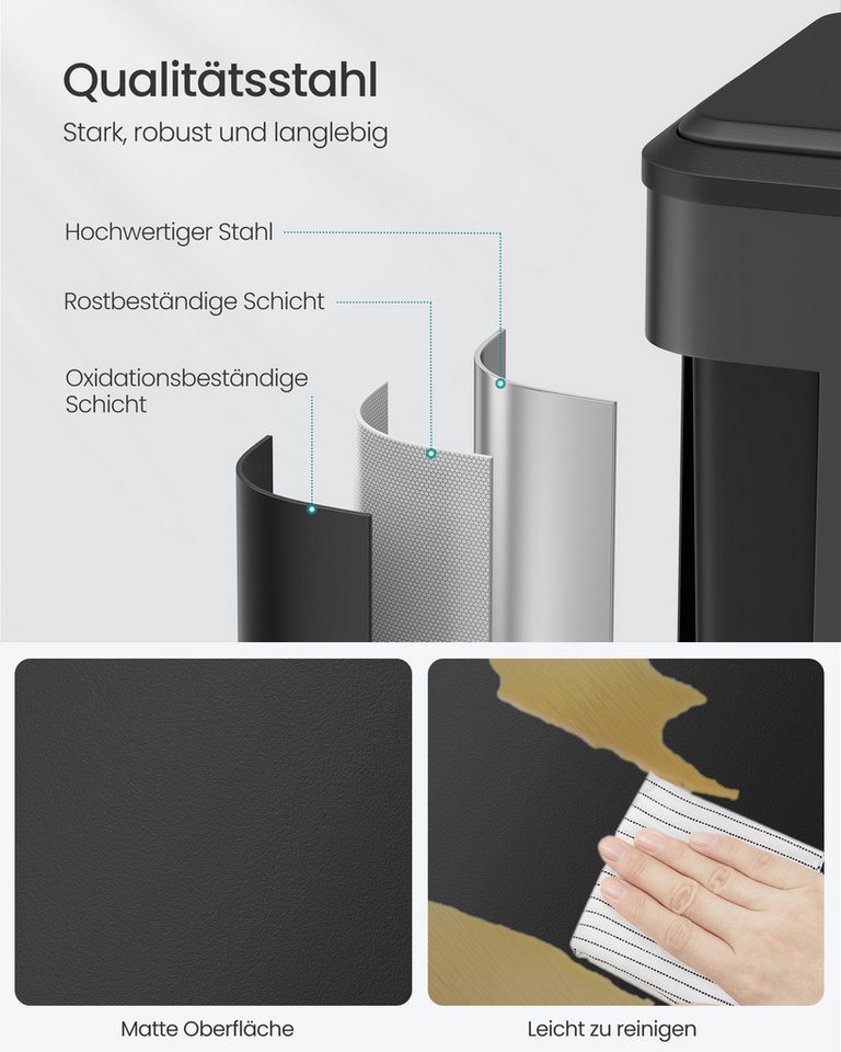 SONGMICS Mülleimer Abfalleimer, Inneneimer, Stahl, Softclose-Deckel, 30L, Küche, Mülltrennsystem 2 x 15 L, 2 Fächer für Recycling und Restmüll – Bild 5 von 5