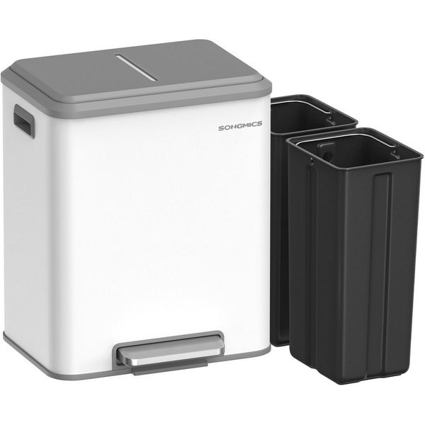 SONGMICS Mülleimer Abfalleimer, Inneneimer, Stahl, Softclose-Deckel, 30L, Küche, Mülltrennsystem 2 x 15 L, 2 Fächer für Recycling und Restmüll