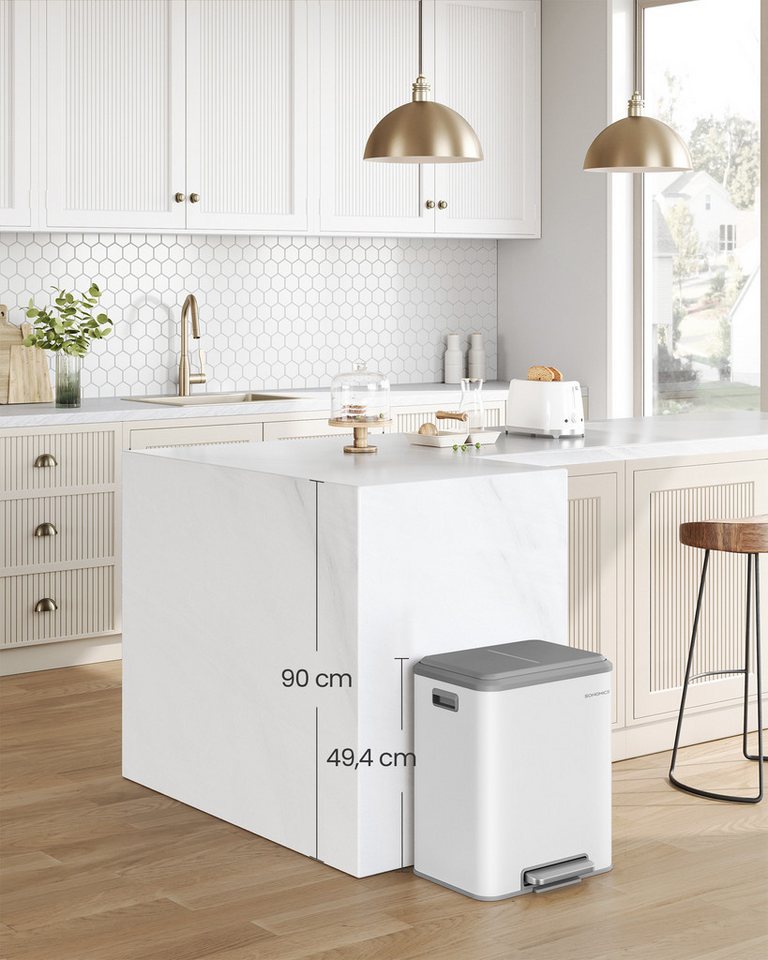 SONGMICS Mülleimer Abfalleimer, Inneneimer, Stahl, Softclose-Deckel, 30L, Küche, Mülltrennsystem 2 x 15 L, 2 Fächer für Recycling und Restmüll – Bild 3 von 5