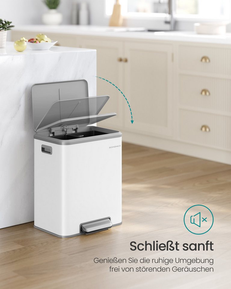 SONGMICS Mülleimer Abfalleimer, Inneneimer, Stahl, Softclose-Deckel, 30L, Küche, Mülltrennsystem 2 x 15 L, 2 Fächer für Recycling und Restmüll – Bild 4 von 5