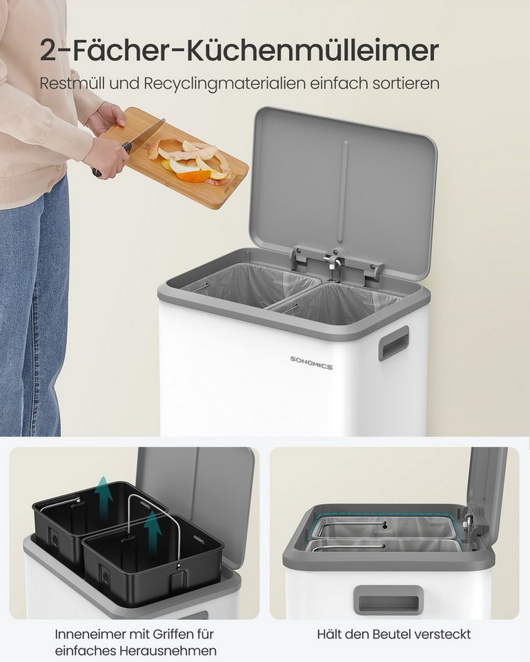 SONGMICS Mülleimer Abfalleimer, Inneneimer, Stahl, Softclose-Deckel, 30L, Küche, Mülltrennsystem 2 x 15 L, 2 Fächer für Recycling und Restmüll – Bild 5 von 5