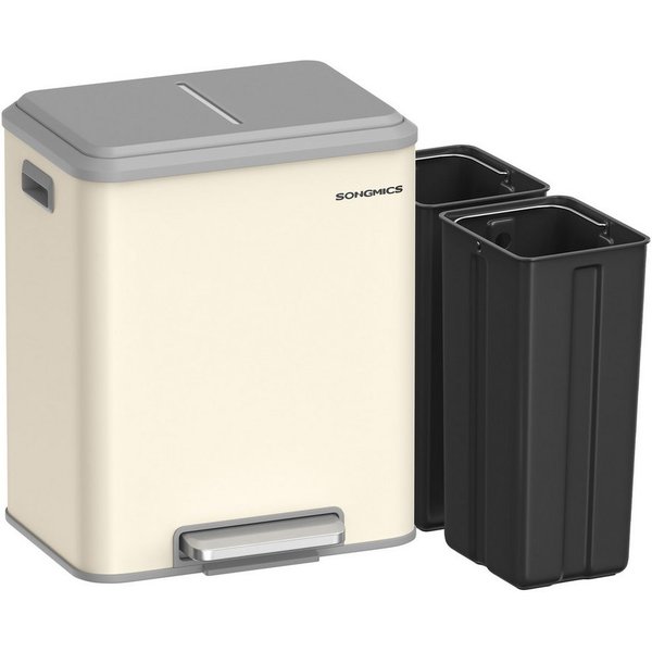 SONGMICS Mülleimer Abfalleimer, Inneneimer, Stahl, Softclose-Deckel, 30L, Küche, Mülltrennsystem 2 x 15 L, 2 Fächer für Recycling und Restmüll