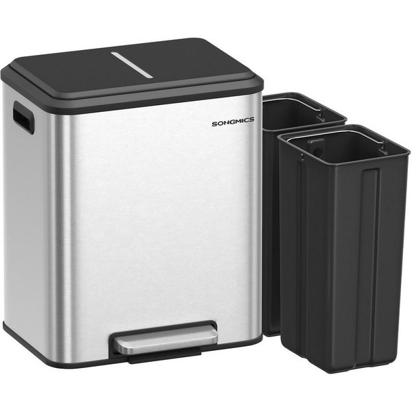 SONGMICS Mülleimer Abfalleimer, Inneneimer, Stahl, Softclose-Deckel, 30L, Küche, Mülltrennsystem 2 x 15 L, 2 Fächer für Recycling und Restmüll