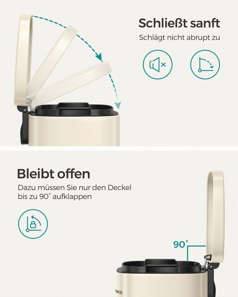 SONGMICS Mülleimer Abfalleimer mit Deckel, 30L aus Stahl, 34,8 x 29,7 x 63,3 cm, für Bad und Küche, Inneneimer – Bild 2 von 5