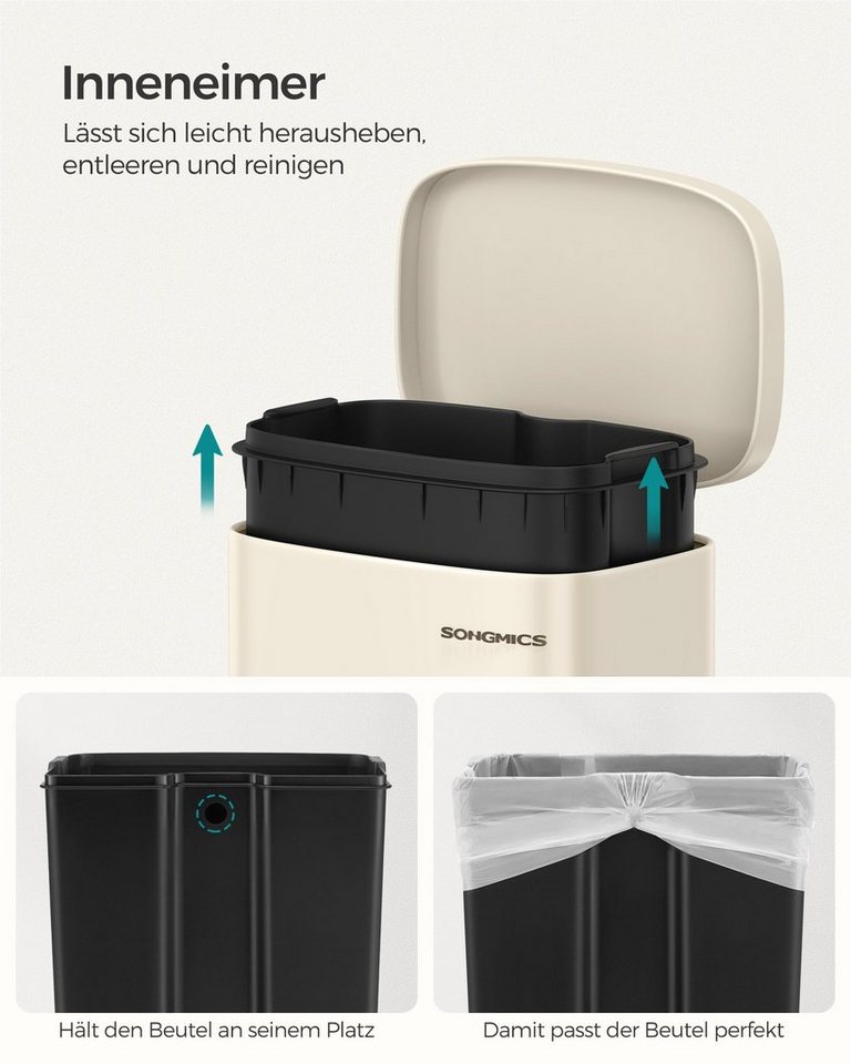 SONGMICS Mülleimer Abfalleimer mit Deckel, 30L aus Stahl, 34,8 x 29,7 x 63,3 cm, für Bad und Küche, Inneneimer – Bild 4 von 5