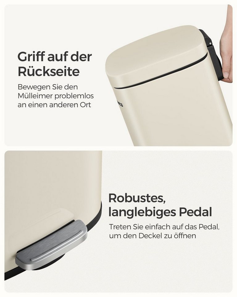SONGMICS Mülleimer Abfalleimer mit Deckel, 30L aus Stahl, 34,8 x 29,7 x 63,3 cm, für Bad und Küche, Inneneimer – Bild 5 von 5