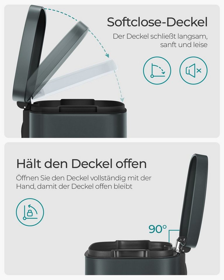 SONGMICS Mülleimer Abfalleimer mit Deckel, 30L aus Stahl, 34,8 x 29,7 x 63,3 cm, für Bad und Küche, Inneneimer – Bild 2 von 5