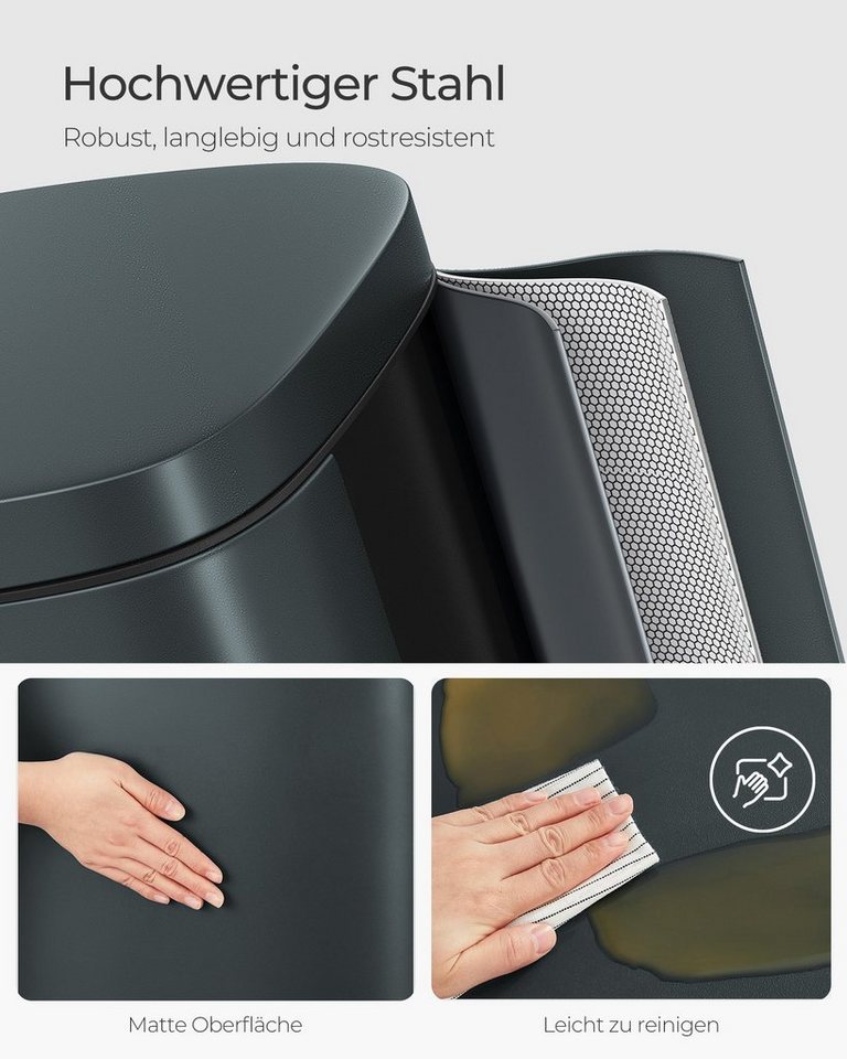 SONGMICS Mülleimer Abfalleimer mit Deckel, 30L aus Stahl, 34,8 x 29,7 x 63,3 cm, für Bad und Küche, Inneneimer – Bild 3 von 5