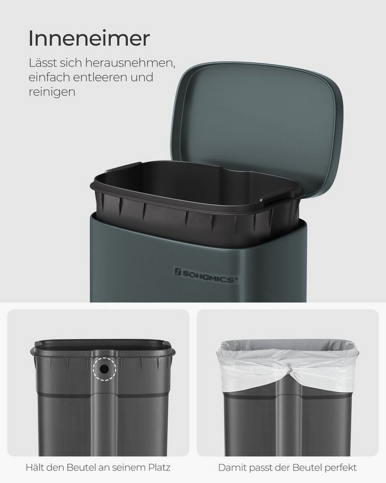 SONGMICS Mülleimer Abfalleimer mit Deckel, 30L aus Stahl, 34,8 x 29,7 x 63,3 cm, für Bad und Küche, Inneneimer – Bild 4 von 5