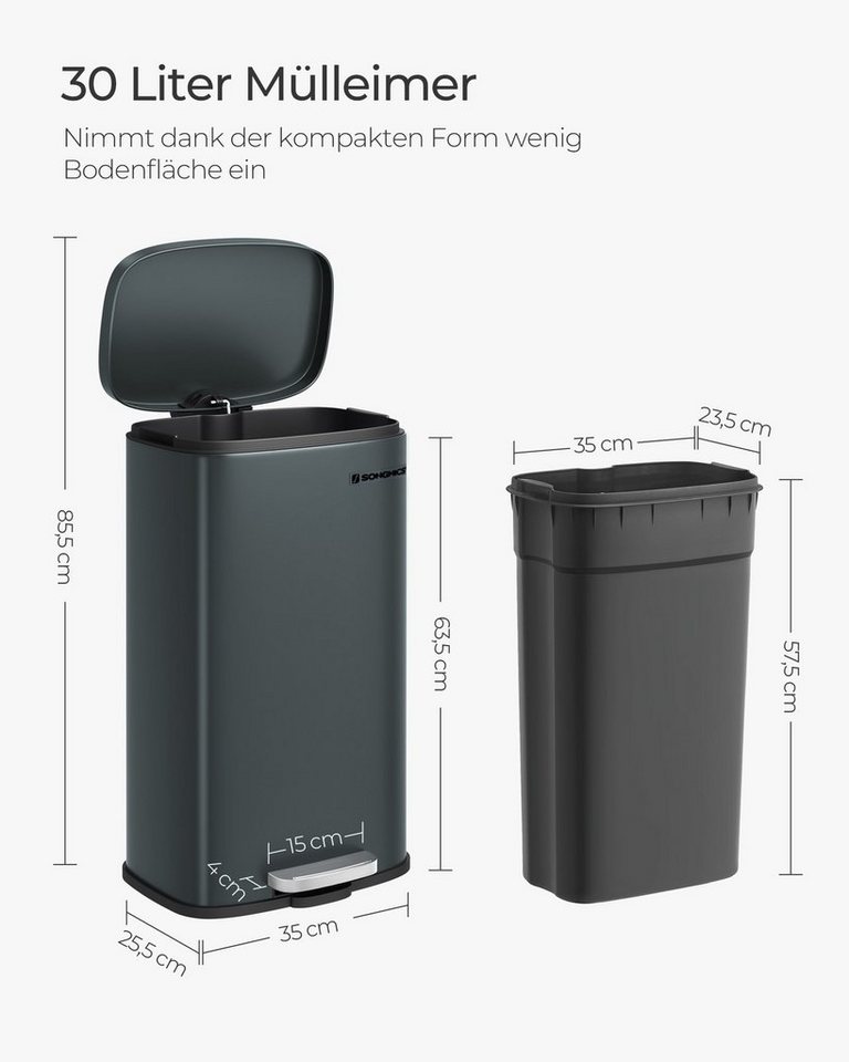 SONGMICS Mülleimer Abfalleimer mit Deckel, 30L aus Stahl, 34,8 x 29,7 x 63,3 cm, für Bad und Küche, Inneneimer – Bild 5 von 5