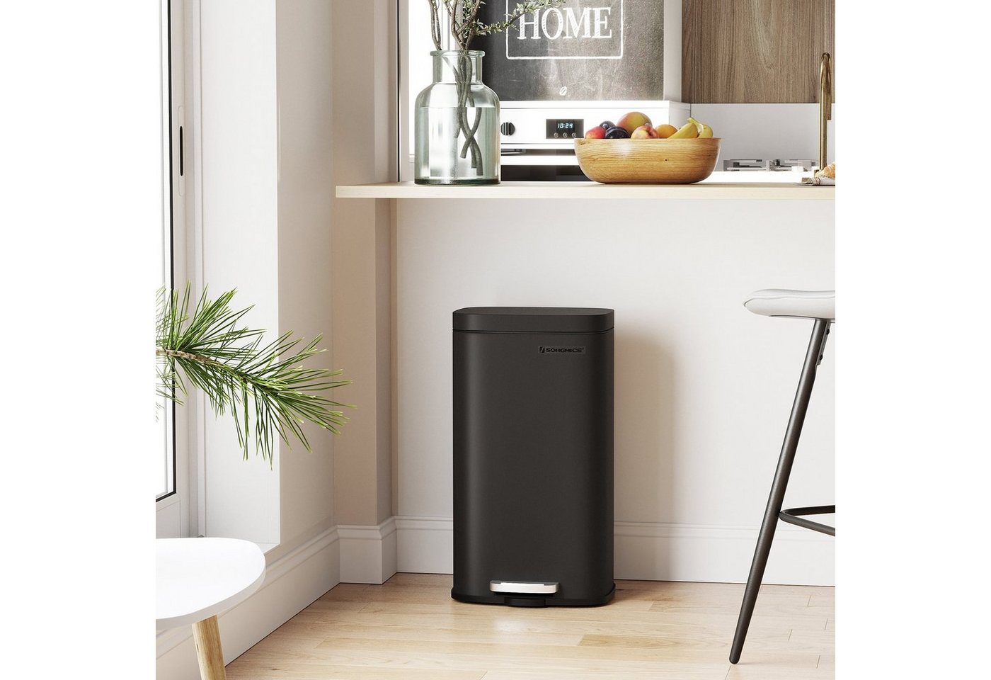 SONGMICS Mülleimer Abfalleimer mit Deckel, 30L aus Stahl, 34,8 x 29,7 x 63,3 cm, für Bad und Küche, Inneneimer – Bild 2 von 5