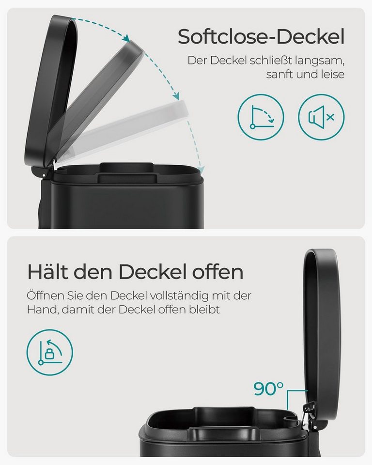 SONGMICS Mülleimer Abfalleimer mit Deckel, 30L aus Stahl, 34,8 x 29,7 x 63,3 cm, für Bad und Küche, Inneneimer – Bild 3 von 5