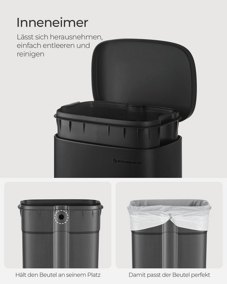 SONGMICS Mülleimer Abfalleimer mit Deckel, 30L aus Stahl, 34,8 x 29,7 x 63,3 cm, für Bad und Küche, Inneneimer – Bild 5 von 5
