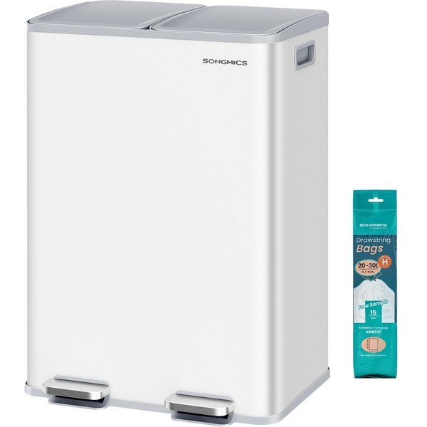 SONGMICS Mülleimer Abfalleimer mit Softclose-Deckel und Inneneimer, 2 Fächer, Küche, 2 x 30 Liter, inklusive 15 Müllbeutel, Tretmülleimer
