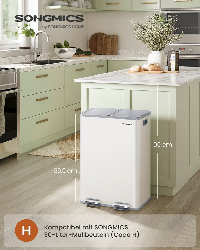 SONGMICS Mülleimer Abfalleimer mit Softclose-Deckel und Inneneimer, 2 Fächer, Küche, 2 x 30 Liter, inklusive 15 Müllbeutel, Tretmülleimer – Bild 2 von 5