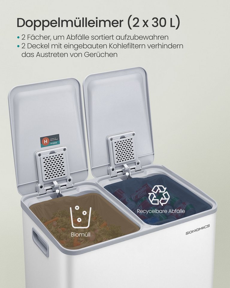 SONGMICS Mülleimer Abfalleimer mit Softclose-Deckel und Inneneimer, 2 Fächer, Küche, 2 x 30 Liter, inklusive 15 Müllbeutel, Tretmülleimer – Bild 3 von 5