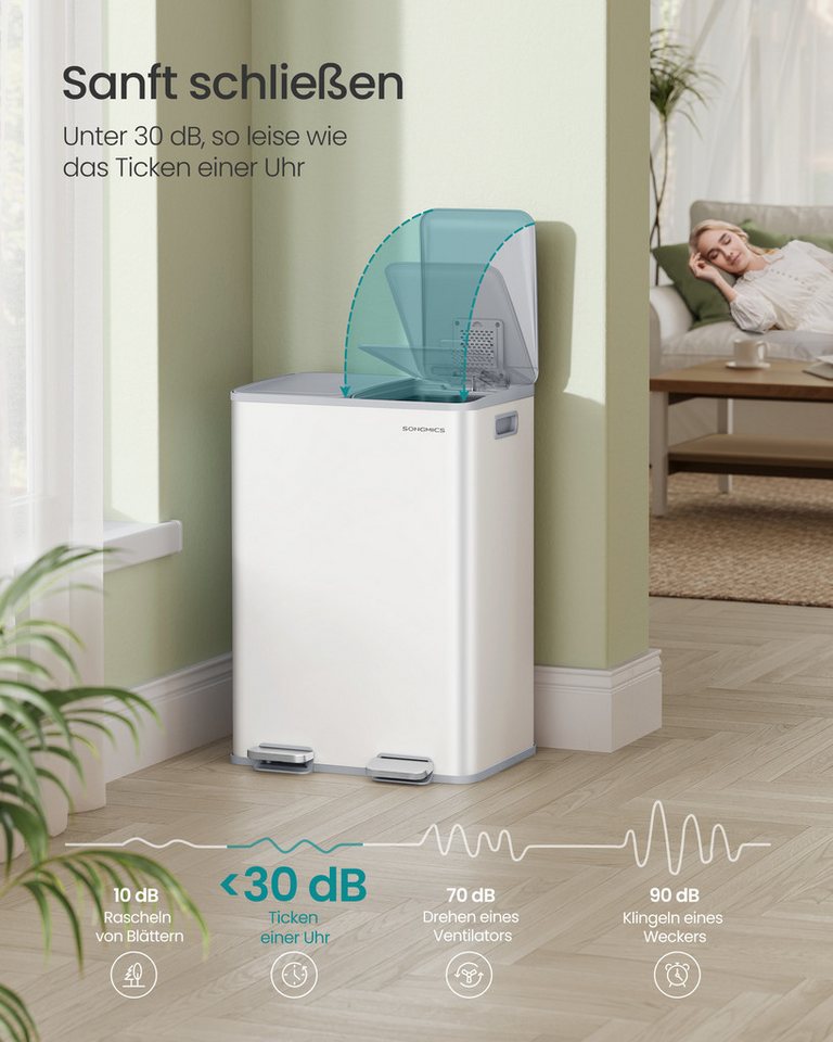 SONGMICS Mülleimer Abfalleimer mit Softclose-Deckel und Inneneimer, 2 Fächer, Küche, 2 x 30 Liter, inklusive 15 Müllbeutel, Tretmülleimer – Bild 4 von 5