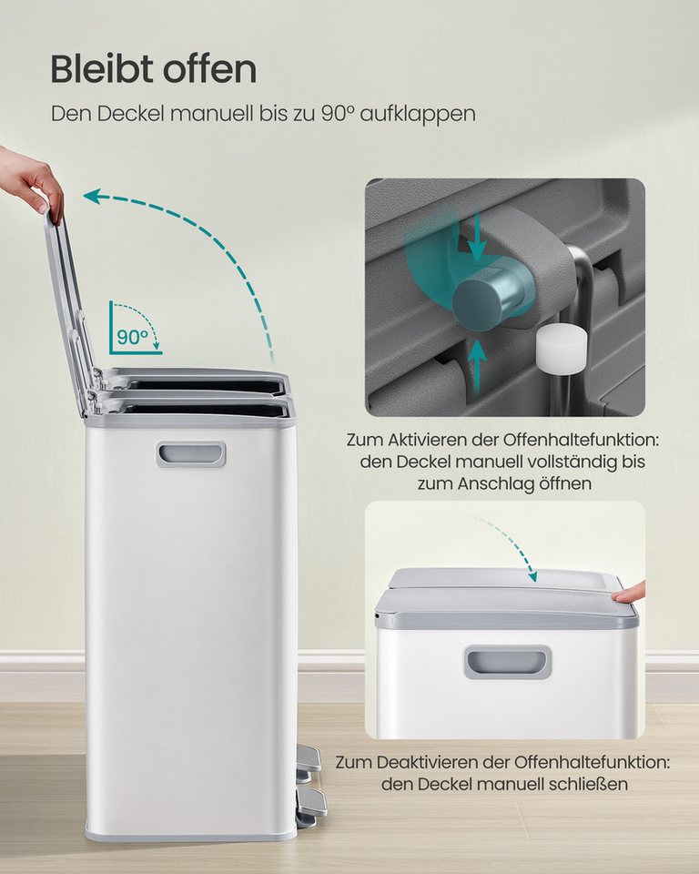 SONGMICS Mülleimer Abfalleimer mit Softclose-Deckel und Inneneimer, 2 Fächer, Küche, 2 x 30 Liter, inklusive 15 Müllbeutel, Tretmülleimer – Bild 5 von 5