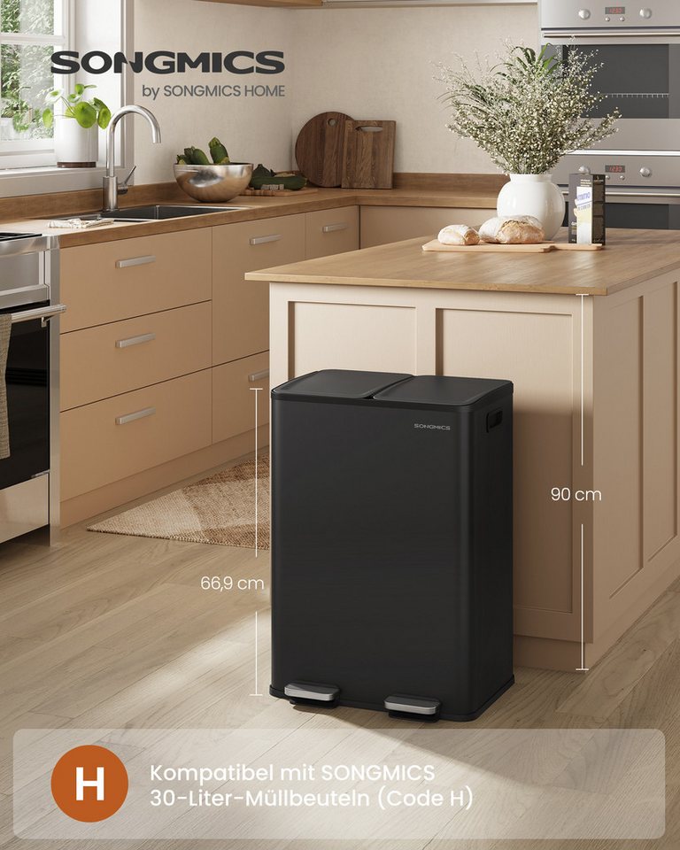 SONGMICS Mülleimer Abfalleimer mit Softclose-Deckel und Inneneimer, 2 Fächer, Küche, 2 x 30 Liter, inklusive 15 Müllbeutel, Tretmülleimer – Bild 2 von 5