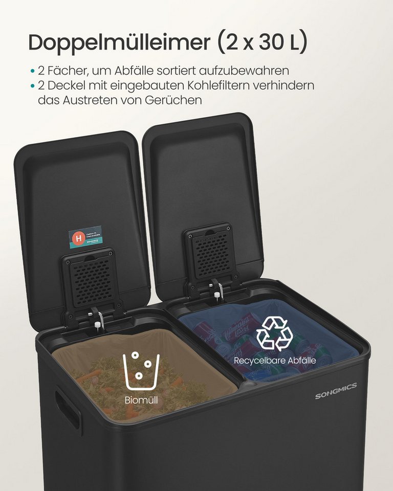 SONGMICS Mülleimer Abfalleimer mit Softclose-Deckel und Inneneimer, 2 Fächer, Küche, 2 x 30 Liter, inklusive 15 Müllbeutel, Tretmülleimer – Bild 3 von 5