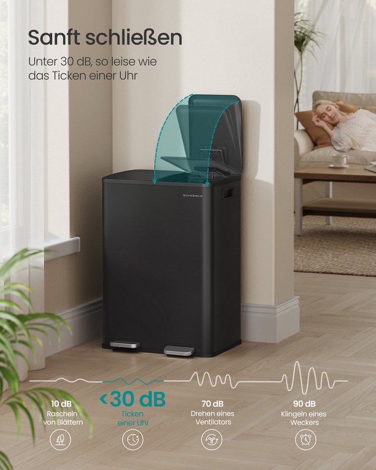 SONGMICS Mülleimer Abfalleimer mit Softclose-Deckel und Inneneimer, 2 Fächer, Küche, 2 x 30 Liter, inklusive 15 Müllbeutel, Tretmülleimer – Bild 4 von 5