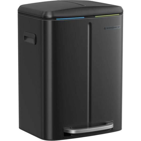 SONGMICS Mülleimer Küche, 2 x 20 L, Mülltrennsystem 2 Fächer, Treteimer, geruchsdicht, Abfalleimer Metall, Inneneimer aus Kunststoff, Softclose, schwarz