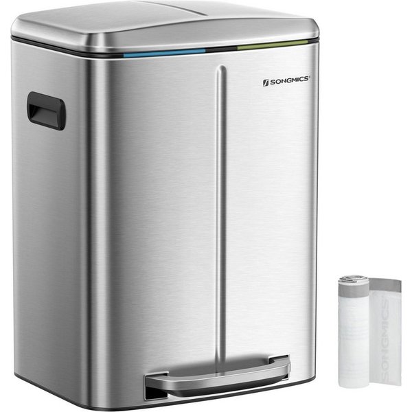 SONGMICS Mülleimer Küche, 2 x 20 L, Mülltrennsystem 2 Fächer, Treteimer, geruchsdicht, Abfalleimer Metall, Inneneimer aus Kunststoff, Softclose, silbern