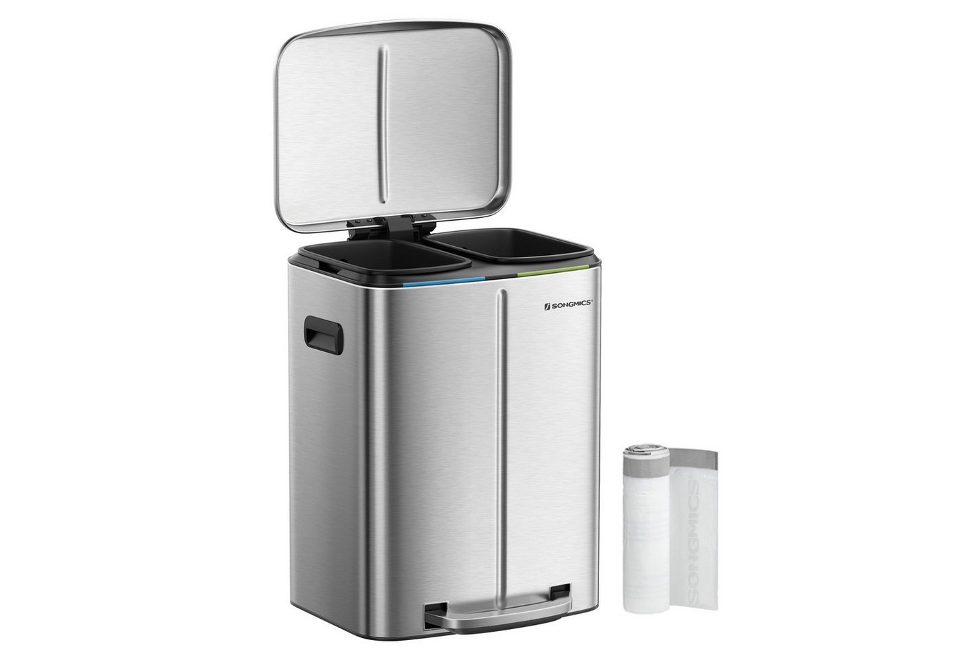 SONGMICS Mülleimer Küche, 2 x 20 L, Mülltrennsystem 2 Fächer, Treteimer, geruchsdicht, Abfalleimer Metall, Inneneimer aus Kunststoff, Softclose, silbern – Bild 2 von 5