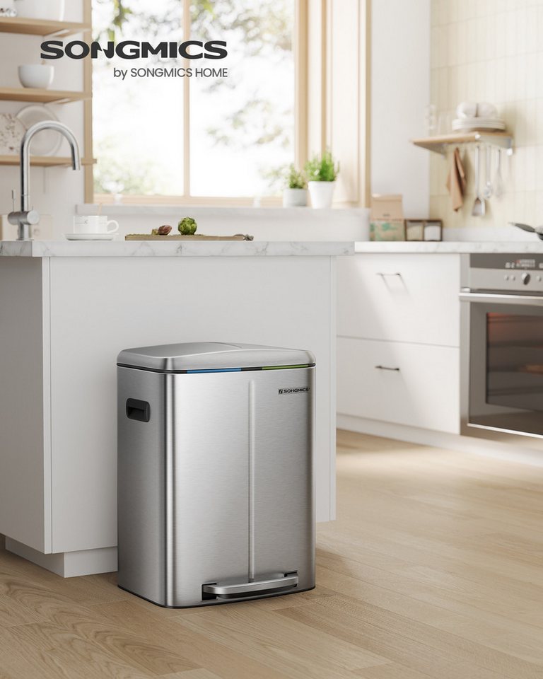 SONGMICS Mülleimer Küche, 2 x 20 L, Mülltrennsystem 2 Fächer, Treteimer, geruchsdicht, Abfalleimer Metall, Inneneimer aus Kunststoff, Softclose, silbern – Bild 3 von 5