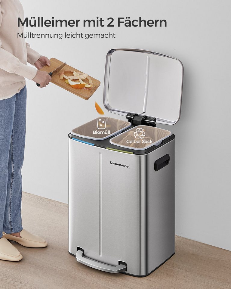 SONGMICS Mülleimer Küche, 2 x 20 L, Mülltrennsystem 2 Fächer, Treteimer, geruchsdicht, Abfalleimer Metall, Inneneimer aus Kunststoff, Softclose, silbern – Bild 4 von 5