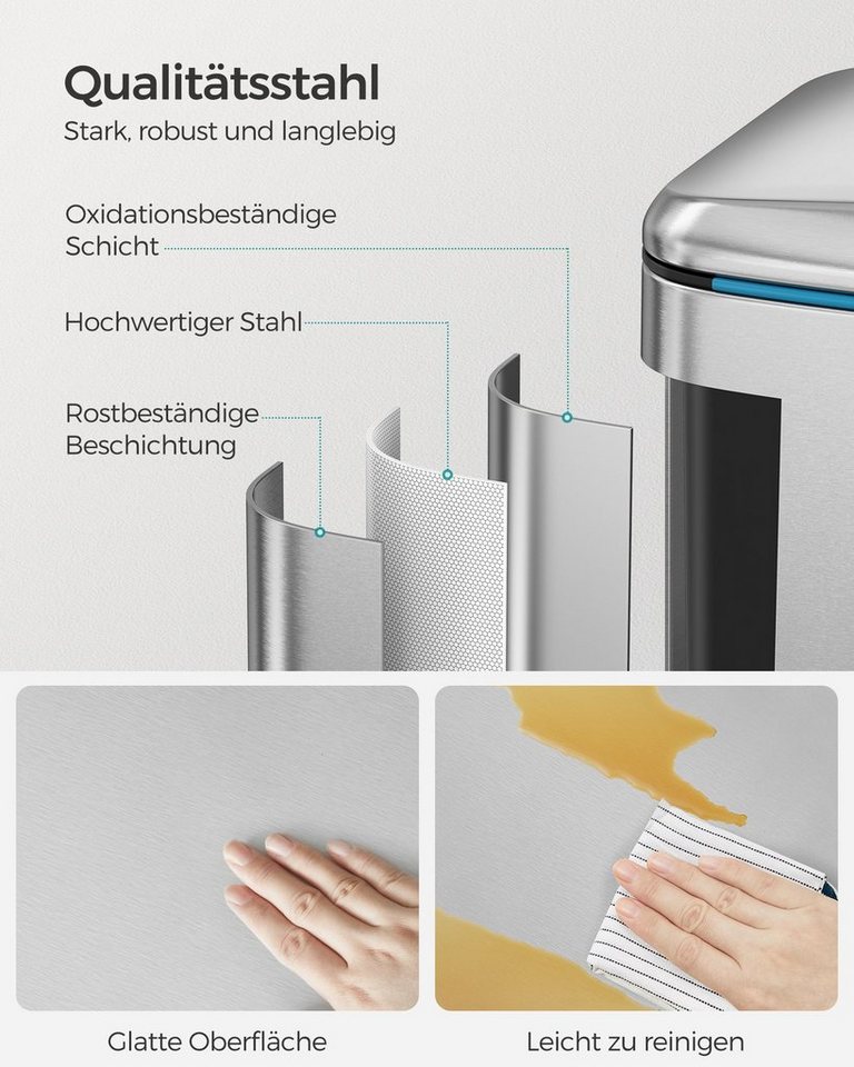 SONGMICS Mülleimer Küche, 2 x 20 L, Mülltrennsystem 2 Fächer, Treteimer, geruchsdicht, Abfalleimer Metall, Inneneimer aus Kunststoff, Softclose, silbern – Bild 5 von 5
