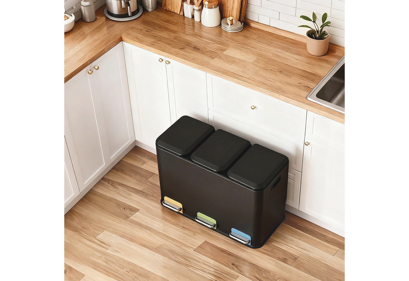 SONGMICS Mülleimer Mülleimer Küche, Fächer, Abfalleimer mit farbcodierbaren Pedalen, Mülltrennsystem, mit Deckeln und Inneneimern, Stahl, 3 x 15 L – Bild 2 von 5