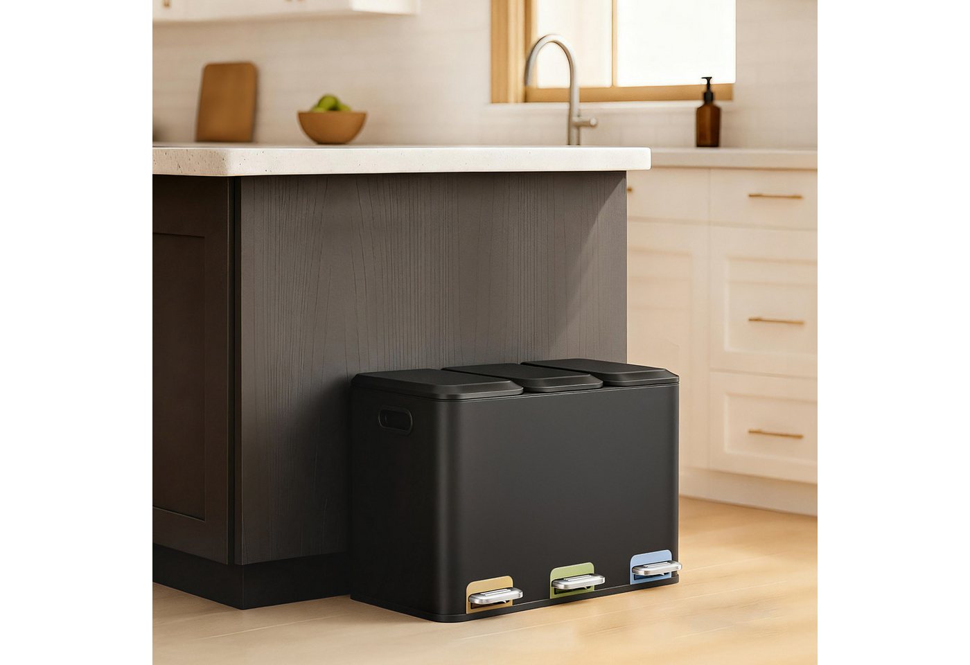 SONGMICS Mülleimer Mülleimer Küche, Fächer, Abfalleimer mit farbcodierbaren Pedalen, Mülltrennsystem, mit Deckeln und Inneneimern, Stahl, 3 x 15 L – Bild 3 von 5