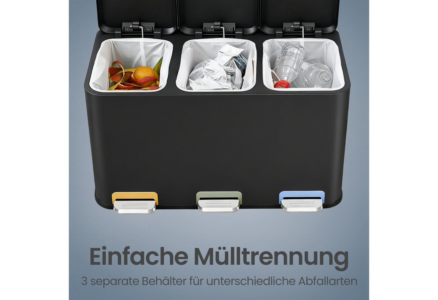 SONGMICS Mülleimer Mülleimer Küche, Fächer, Abfalleimer mit farbcodierbaren Pedalen, Mülltrennsystem, mit Deckeln und Inneneimern, Stahl, 3 x 15 L – Bild 4 von 5