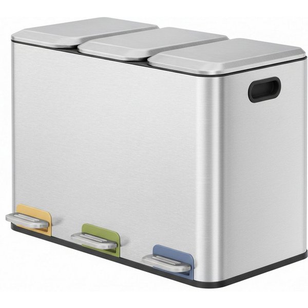 SONGMICS Mülleimer Mülleimer Küche, Fächer, Abfalleimer mit farbcodierbaren Pedalen, Mülltrennsystem, mit Deckeln und Inneneimern, Stahl, 3 x 15 L