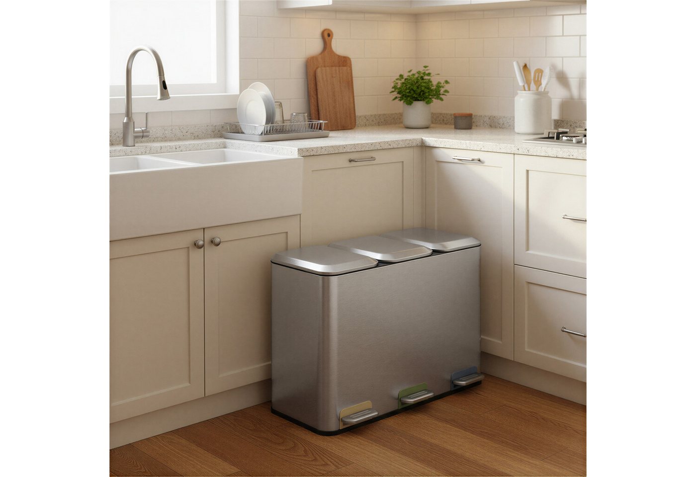 SONGMICS Mülleimer Mülleimer Küche, Fächer, Abfalleimer mit farbcodierbaren Pedalen, Mülltrennsystem, mit Deckeln und Inneneimern, Stahl, 3 x 15 L – Bild 2 von 5