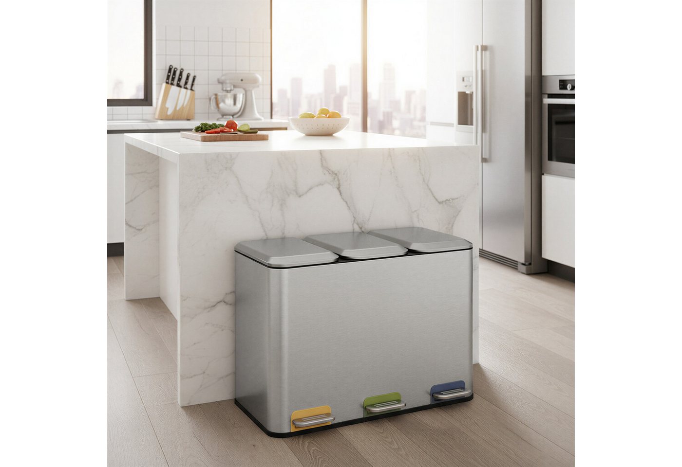 SONGMICS Mülleimer Mülleimer Küche, Fächer, Abfalleimer mit farbcodierbaren Pedalen, Mülltrennsystem, mit Deckeln und Inneneimern, Stahl, 3 x 15 L – Bild 3 von 5