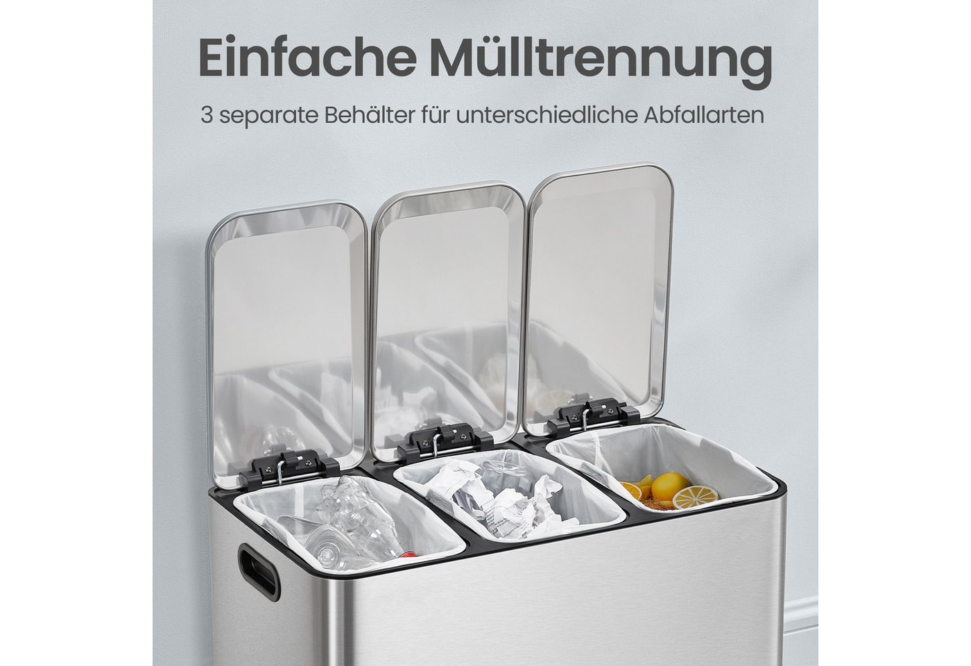 SONGMICS Mülleimer Mülleimer Küche, Fächer, Abfalleimer mit farbcodierbaren Pedalen, Mülltrennsystem, mit Deckeln und Inneneimern, Stahl, 3 x 15 L – Bild 4 von 5