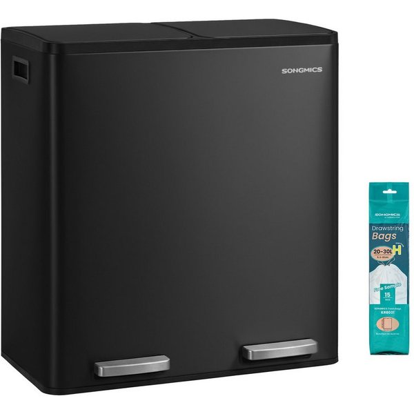SONGMICS Mülleimer Mülltrennsystem Inneneimer herausnehmbar, 2/3 Fächer, Küche, 2 x 15 L, mit 15 Müllbeuteln, Griffe, Abfalleimer