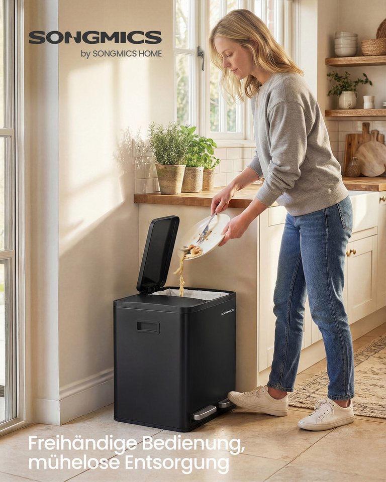 SONGMICS Mülleimer Mülltrennsystem Inneneimer herausnehmbar, 2/3 Fächer, Küche, 2 x 15 L, mit 15 Müllbeuteln, Griffe, Abfalleimer – Bild 2 von 5