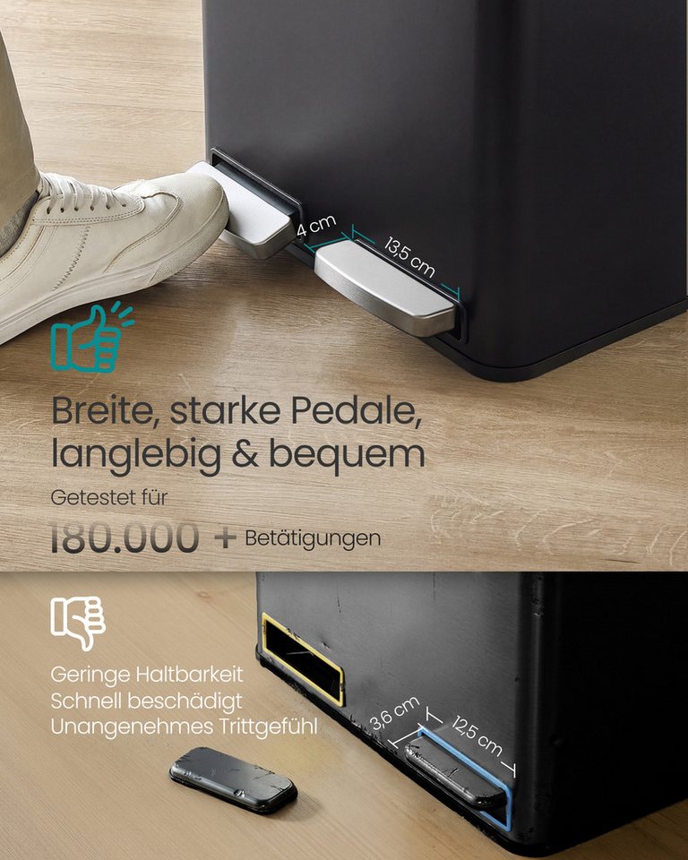 SONGMICS Mülleimer Mülltrennsystem Inneneimer herausnehmbar, 2/3 Fächer, Küche, 2 x 15 L, mit 15 Müllbeuteln, Griffe, Abfalleimer – Bild 3 von 5