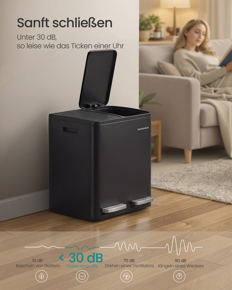 SONGMICS Mülleimer Mülltrennsystem Inneneimer herausnehmbar, 2/3 Fächer, Küche, 2 x 15 L, mit 15 Müllbeuteln, Griffe, Abfalleimer – Bild 5 von 5