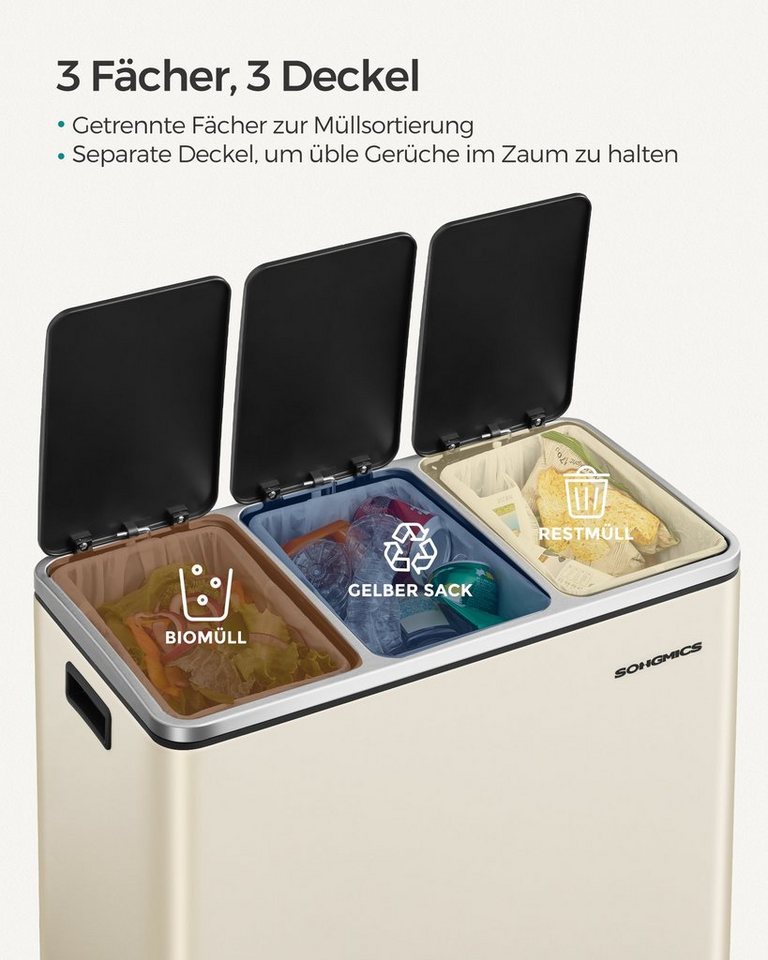 SONGMICS Mülleimer Mülltrennsystem Softclose, 3 Fächer, Küche, mit Deckel, 3 x 18 L, Abfalleimer, Treteimer, Fußpedale – Bild 2 von 5