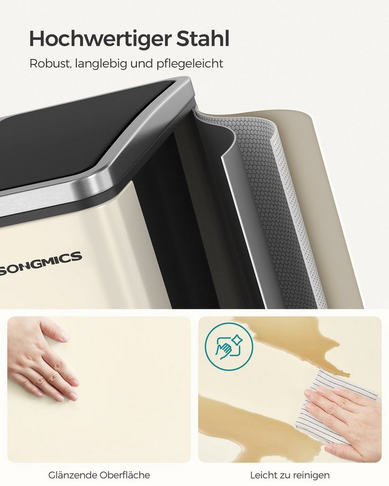 SONGMICS Mülleimer Mülltrennsystem Softclose, 3 Fächer, Küche, mit Deckel, 3 x 18 L, Abfalleimer, Treteimer, Fußpedale – Bild 3 von 5