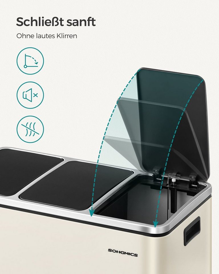 SONGMICS Mülleimer Mülltrennsystem Softclose, 3 Fächer, Küche, mit Deckel, 3 x 18 L, Abfalleimer, Treteimer, Fußpedale – Bild 4 von 5