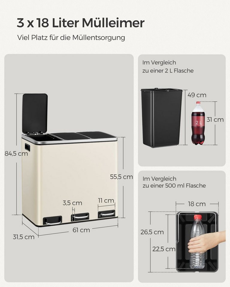 SONGMICS Mülleimer Mülltrennsystem Softclose, 3 Fächer, Küche, mit Deckel, 3 x 18 L, Abfalleimer, Treteimer, Fußpedale – Bild 5 von 5