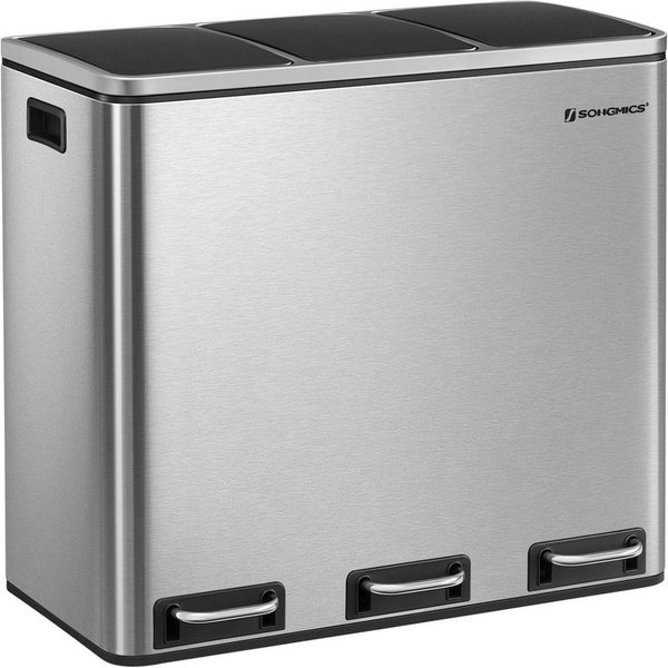 SONGMICS Mülleimer Mülltrennsystem Softclose, 3 Fächer, Küche, mit Deckel, 3 x 18 L, Abfalleimer, Treteimer, Fußpedale