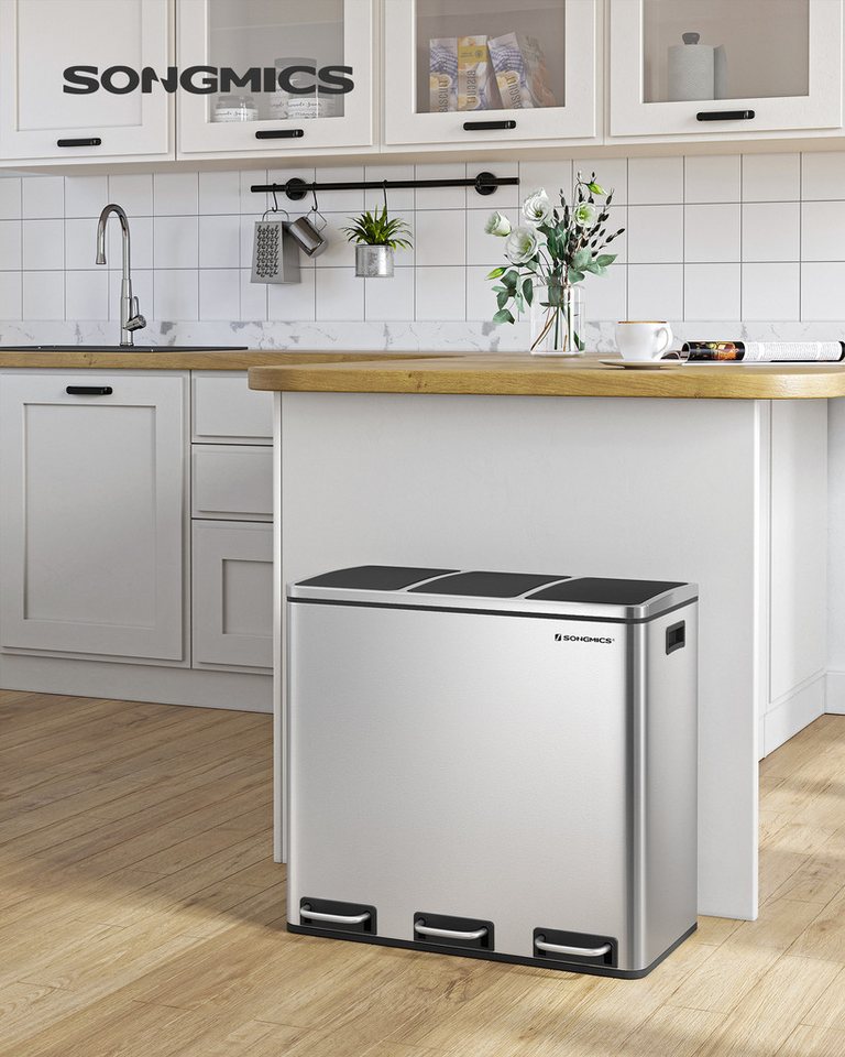 SONGMICS Mülleimer Mülltrennsystem Softclose, 3 Fächer, Küche, mit Deckel, 3 x 18 L, Abfalleimer, Treteimer, Fußpedale – Bild 2 von 5