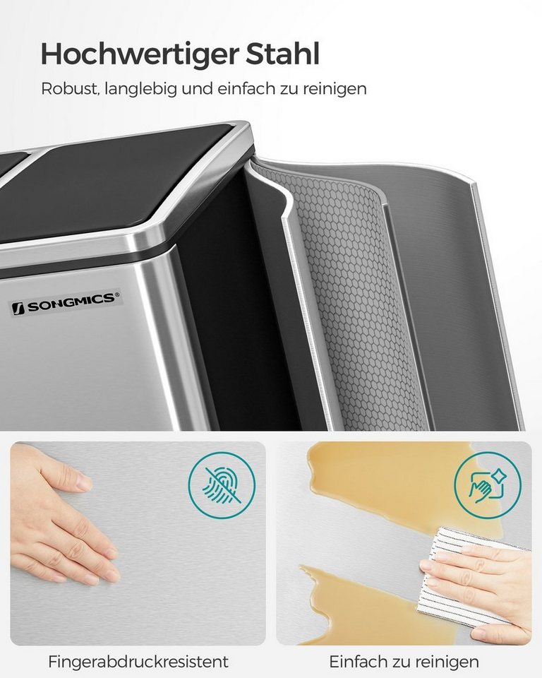 SONGMICS Mülleimer Mülltrennsystem Softclose, 3 Fächer, Küche, mit Deckel, 3 x 18 L, Abfalleimer, Treteimer, Fußpedale – Bild 3 von 5